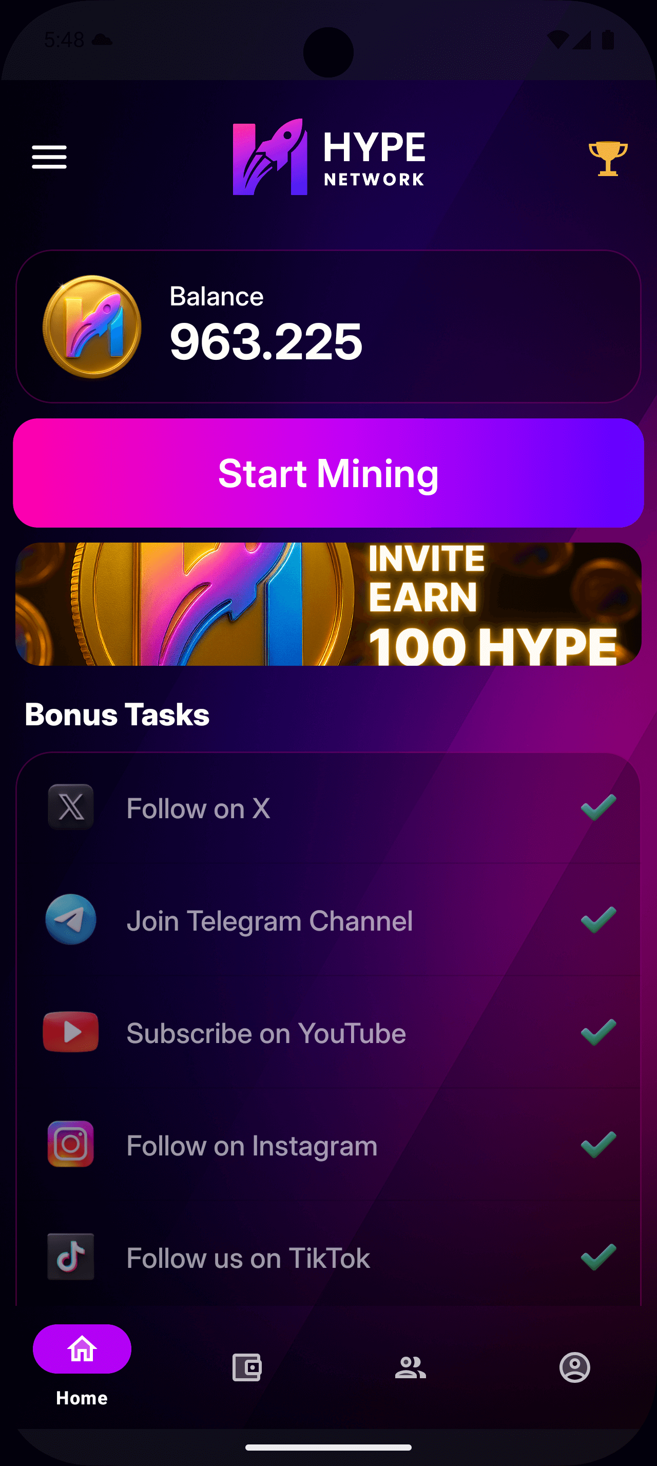 Hype Network Mobile App Screenshot showing mining interface